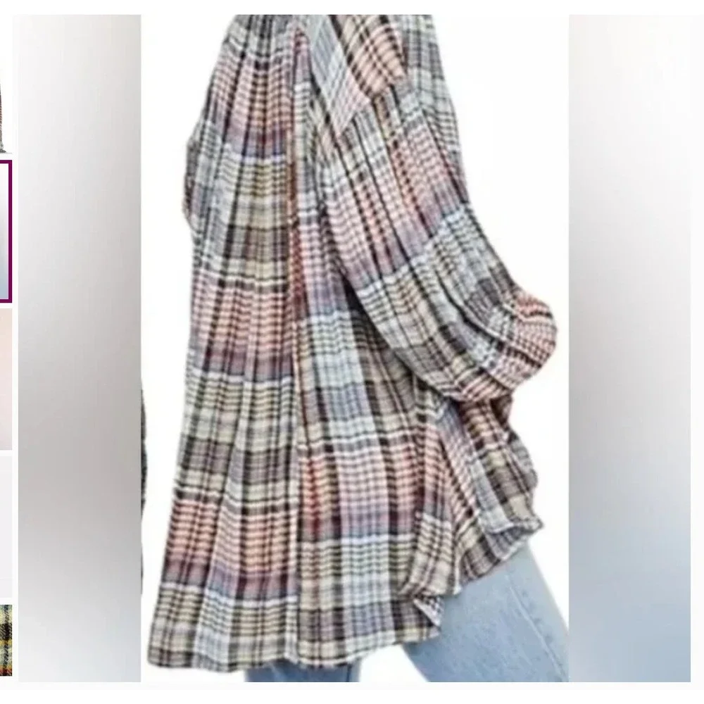 Free People Come On Over Plaid Button-down Swing Top Size XS‎ Oversized Raw Hem